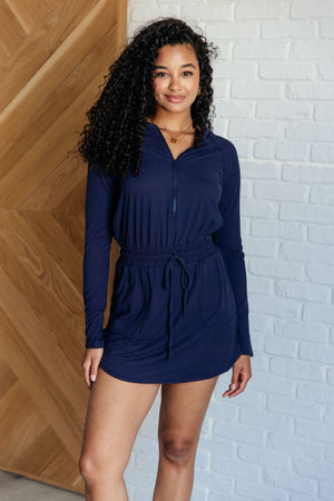 Getting Out Long Sleeve Hoodie Romper in Navy by Rae Mode