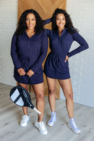 Getting Out Long Sleeve Hoodie Romper in Navy by Rae Mode