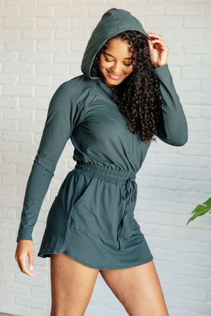 Getting Out Long Sleeve Hoodie Romper in Smoked Spruce by Rae Mode