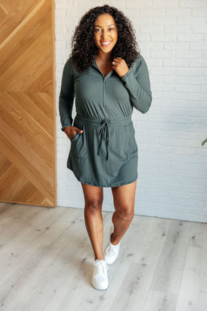 Getting Out Long Sleeve Hoodie Romper in Smoked Spruce by Rae Mode