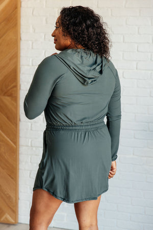 Getting Out Long Sleeve Hoodie Romper in Smoked Spruce by Rae Mode