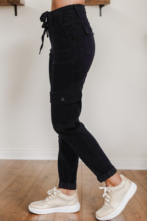 Judy Blue High Waist Cargo Cuffed Drawstring Jogger in Black