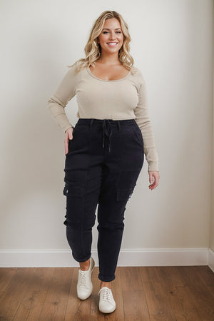 Judy Blue High Waist Cargo Cuffed Drawstring Jogger in Black