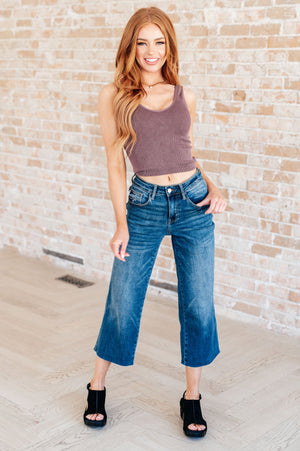 Judy Blue High Rise Wide Leg Raw Hem Crop Jeans