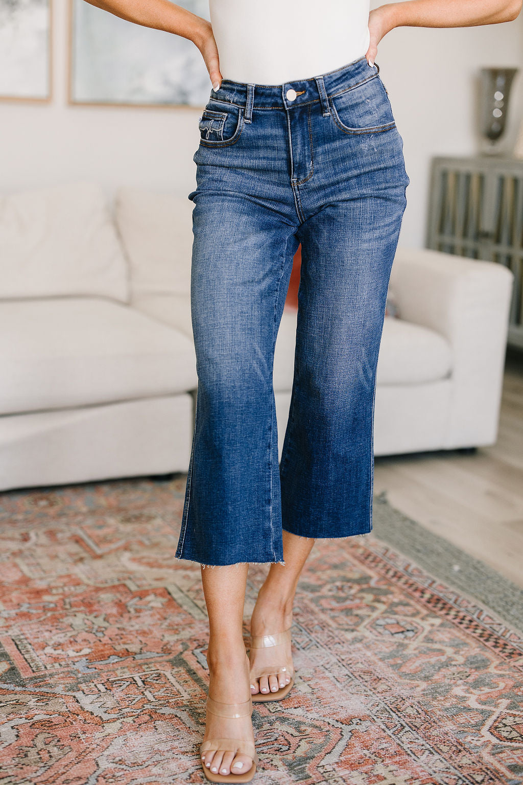 Judy Blue High Rise Wide Leg Raw Hem Crop Jeans