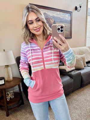 Classic Halfzip Hoodie - Rainbow Stripes and Sun Kissed Coral by Michelle Mae
