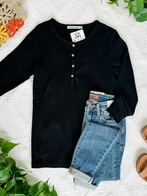 Harper Long Sleeve Thermal Knit Henley - Black from Michelle Mae