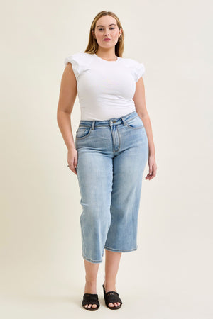 Judy Blue Mid Rise Wide Cropped Light Wash Jeans