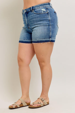 Judy Blue Mid Rise Tummy Control Vintage Wash Release Hem Jean Shorts