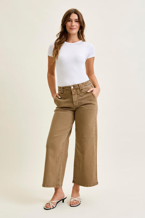 Judy Blue High Waist Wide Leg Ankle Jean in Mocha with Vintage Front Yoke