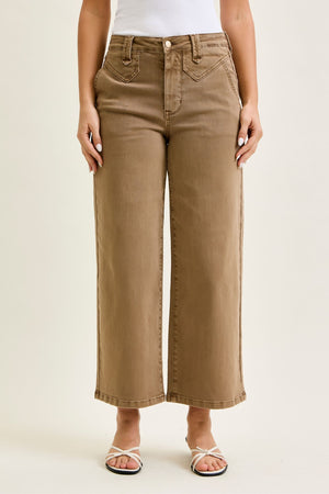 Judy Blue High Waist Wide Leg Ankle Jean in Mocha with Vintage Front Yoke