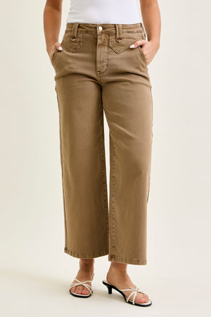 Judy Blue High Waist Wide Leg Ankle Jean in Mocha with Vintage Front Yoke