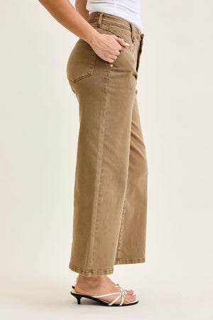 Judy Blue High Waist Wide Leg Ankle Jean in Mocha with Vintage Front Yoke