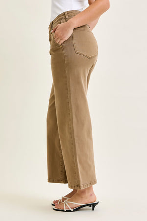 Judy Blue High Waist Wide Leg Ankle Jean in Mocha with Vintage Front Yoke