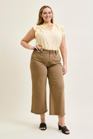 Judy Blue High Waist Wide Leg Ankle Jean in Mocha with Vintage Front Yoke