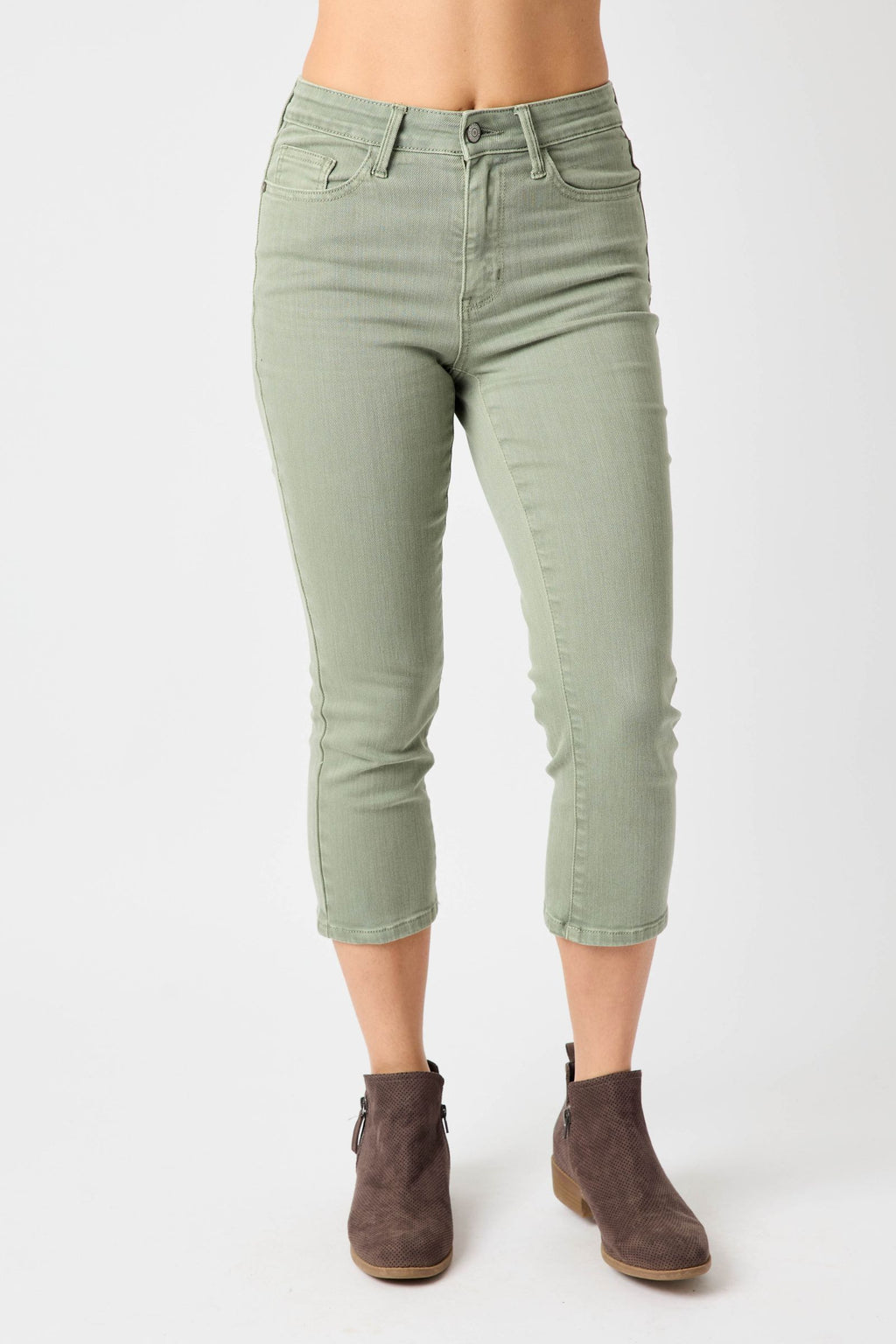 Judy Blue Mid Rise Garment Dyed Non Distressed Capri Jeans Sage