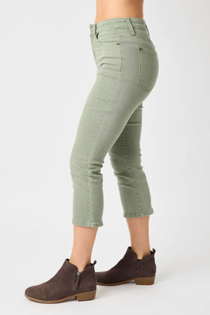 Judy Blue Mid Rise Garment Dyed Non Distressed Capri Jeans Sage