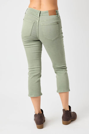 Judy Blue Mid Rise Garment Dyed Non Distressed Capri Jeans Sage