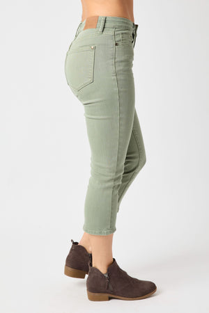 Judy Blue Mid Rise Garment Dyed Non Distressed Capri Jeans Sage