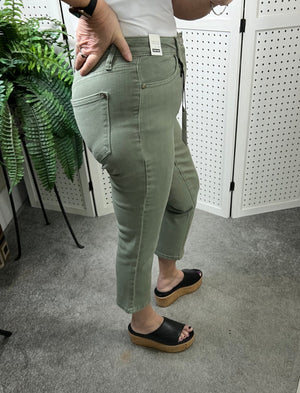 Judy Blue Mid Rise Garment Dyed Non Distressed Capri Jeans Sage