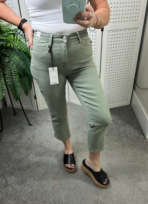 Judy Blue Mid Rise Garment Dyed Non Distressed Capri Jeans Sage