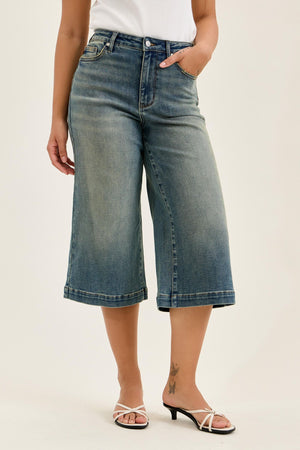 Judy Blue High Waist Marian Culotte with Side Shaping Seams Jeans Medium Warm Tinted Indigo