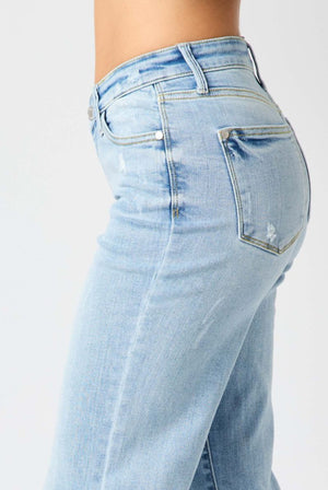 Judy Blue High Waist V Front Waistband Raw Cut Hem Straight Leg Jeans