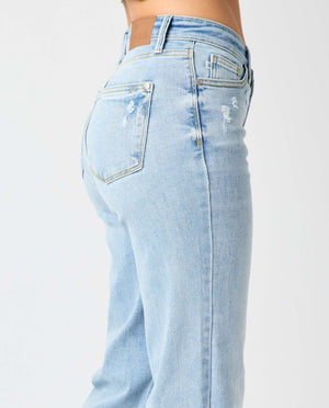 Judy Blue High Waist V Front Waistband Raw Cut Hem Straight Leg Jeans