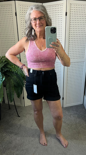 Judy Blue High Rise Tummy Control Cuffed Non Distressed Shorts in Black