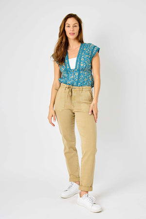 Judy Blue High Waist Garment Dyed Cuffed Jogger Jeans in Khaki