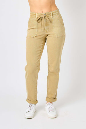 Judy Blue High Waist Garment Dyed Cuffed Jogger Jeans in Khaki