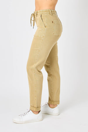 Judy Blue High Waist Garment Dyed Cuffed Jogger Jeans in Khaki