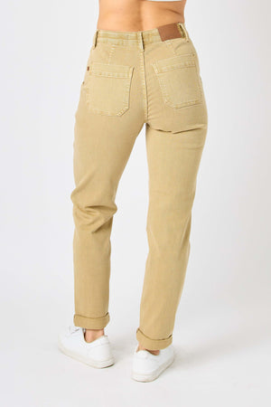 Judy Blue High Waist Garment Dyed Cuffed Jogger Jeans in Khaki