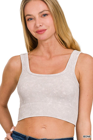 Ribbed Square Neck Mineral Washed Bralette Crop Top by Zenana - 19 colors