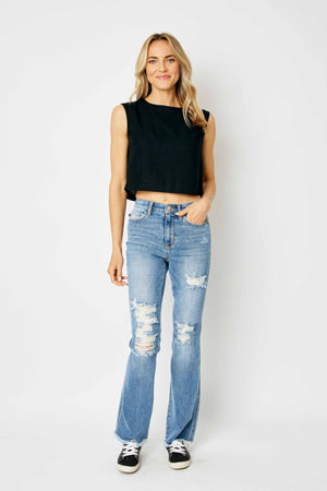 Judy Blue High Rise Distressed Leg Fray Hem Bootcut Jeans