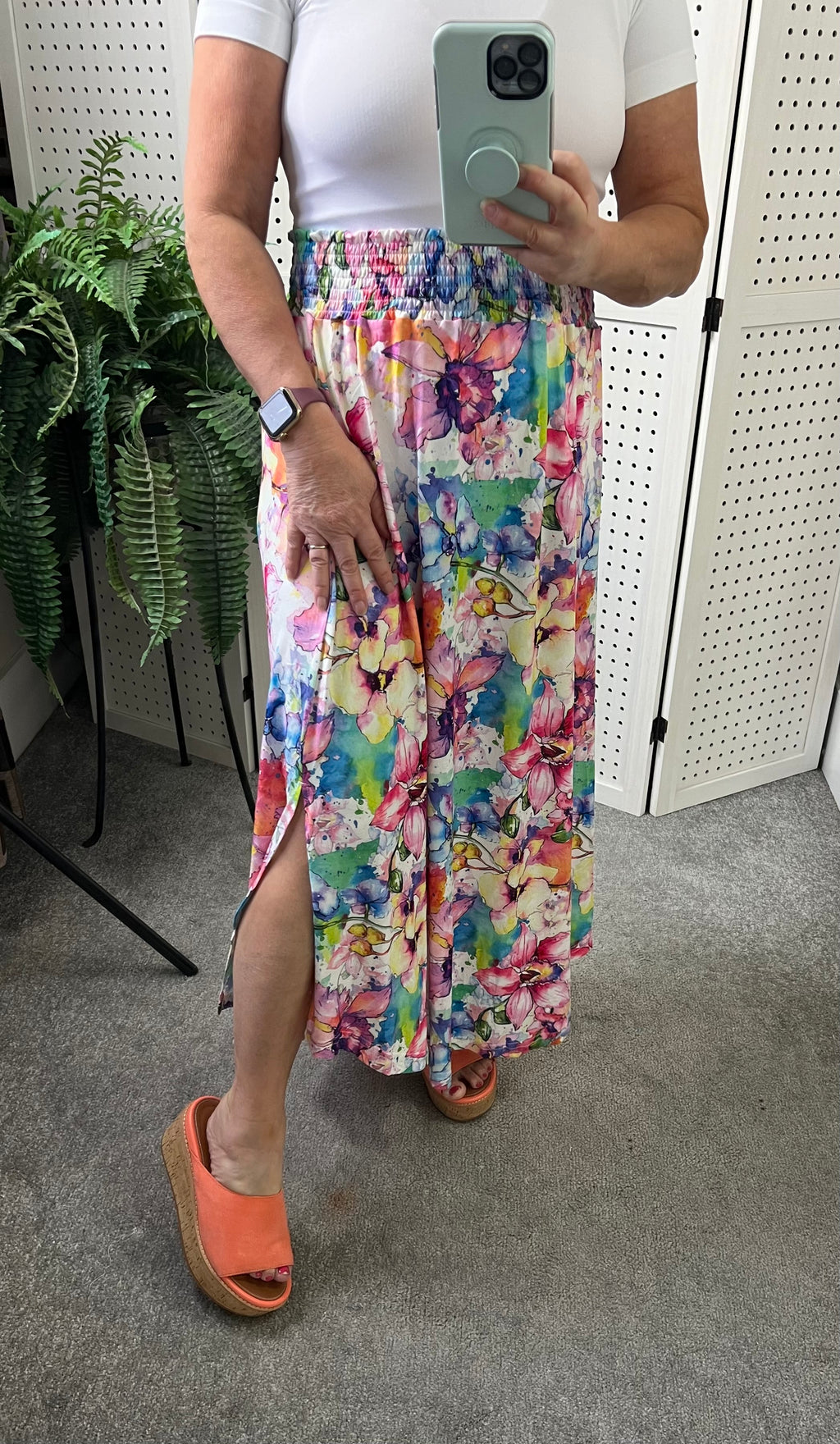 Smocked Watercolor Floral Print Smocked Waist Buttery Soft Maxi Skirt