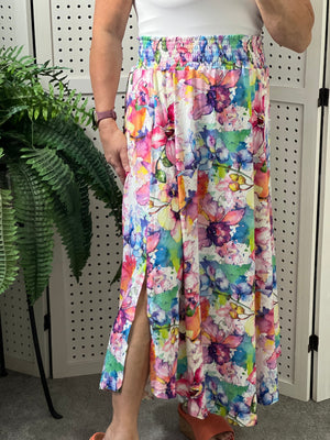 Smocked Watercolor Floral Print Smocked Waist Buttery Soft Maxi Skirt