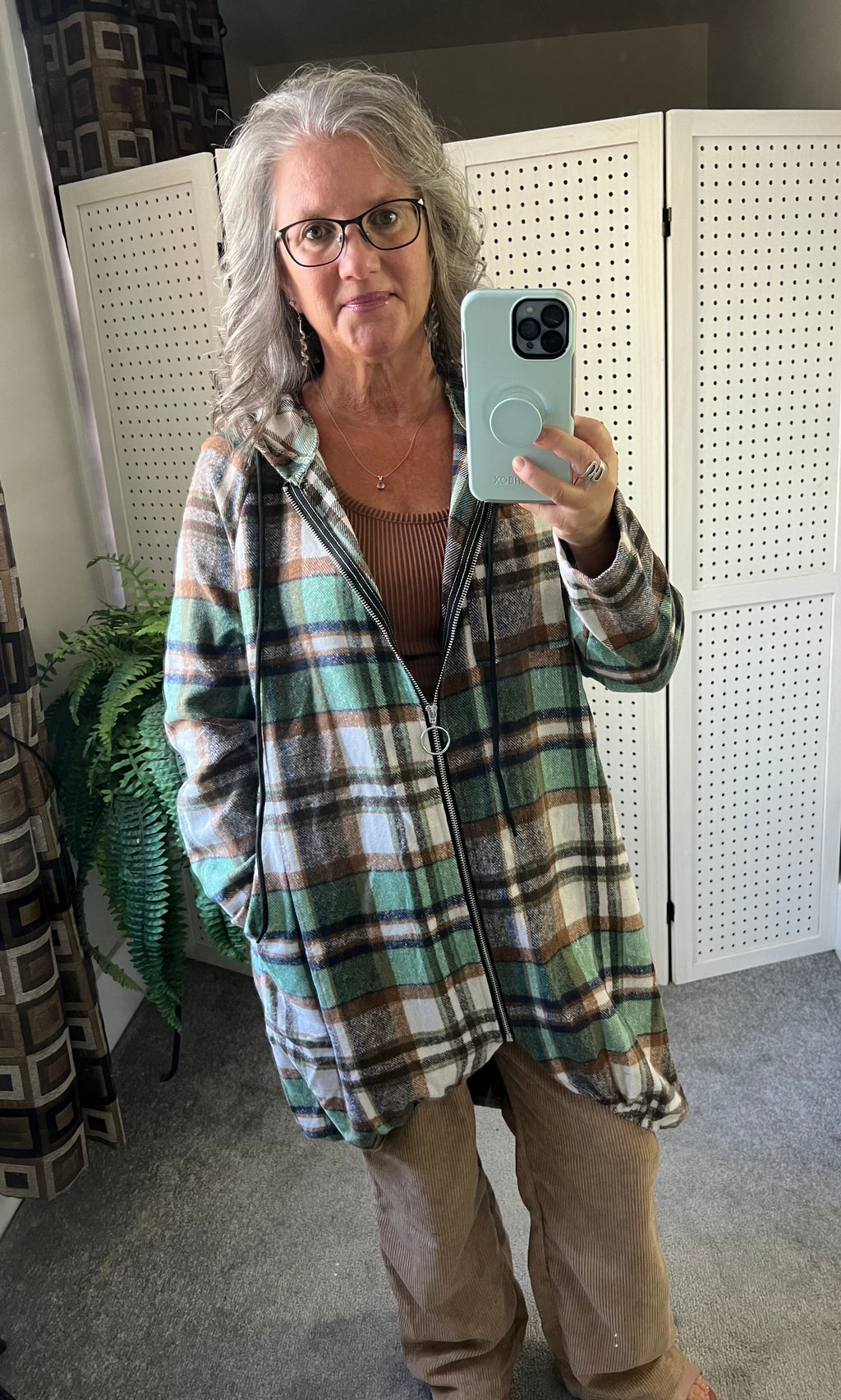 Plaid Flannel Zip Up Tulip Hem Hooded Duster - 4 colors