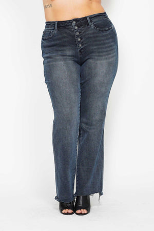 Judy Blue High Waist Button Fly Hem Destroy Straight Leg Dark Wash Jeans