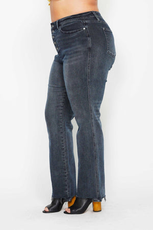 Judy Blue High Waist Button Fly Hem Destroy Straight Leg Dark Wash Jeans