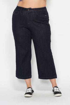 Judy Blue High Waist Side Seam Braid Detail Crop Wide Leg Dark Blue Jeans