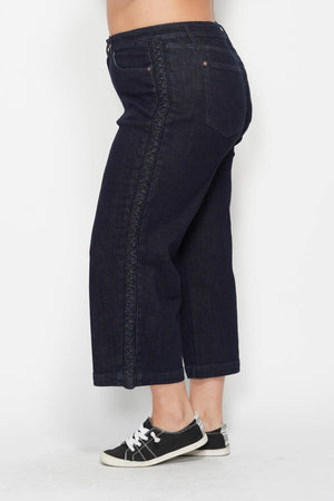 Judy Blue High Waist Side Seam Braid Detail Crop Wide Leg Dark Blue Jeans