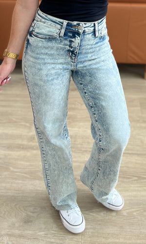 Judy Blue High Waist Mineral Wash Raw Hem Wide Leg Jeans