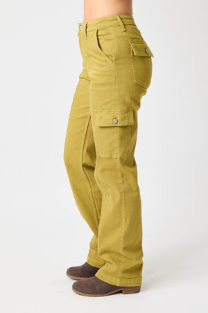 Judy Blue High Waist Garment Dyed Non Distressed Cargo Jeans in Matcha