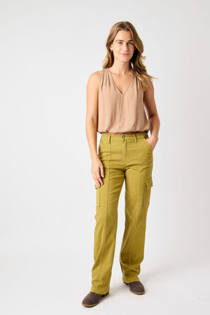 Judy Blue High Waist Garment Dyed Non Distressed Cargo Jeans in Matcha