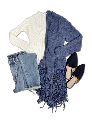 Waiting For You Fringed Cardigan in Denim