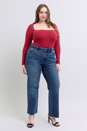 Judy Blue Mid Rise Vintage Wash Wide Leg Fray Hem Jeans