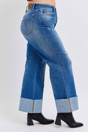 Judy Blue High Waist Distressed Retro Wide Leg Cuffed Raw Hem Jeans