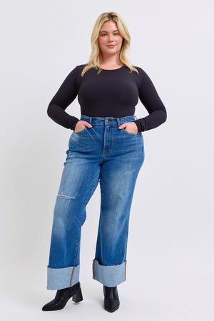 Judy Blue High Waist Distressed Retro Wide Leg Cuffed Raw Hem Jeans