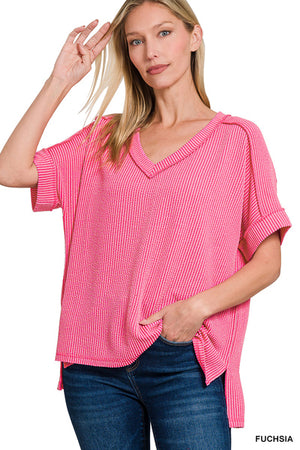 Zenana Corded Rib Short Sleeve High Low V Neck Top - 11 Colors